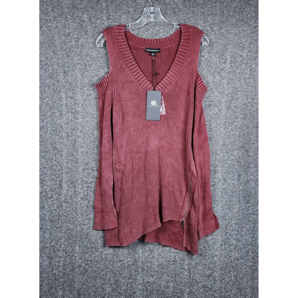 Rock & Republic Cold Shoulder Sweater Womens Large Burgundy‎ Side Zip Cotton NWT